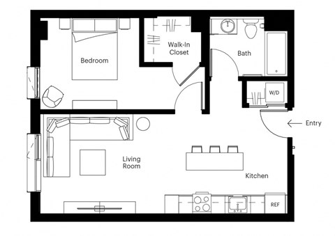 Floor plan for 1 bed, 1 bath, 572 sqft